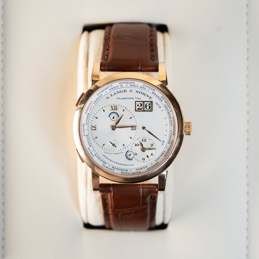 A. Lange & Sohne Lange 1 time zone 41.9 mm silver dial 18k pink gold leather strap 136.032 / lsls1364aa